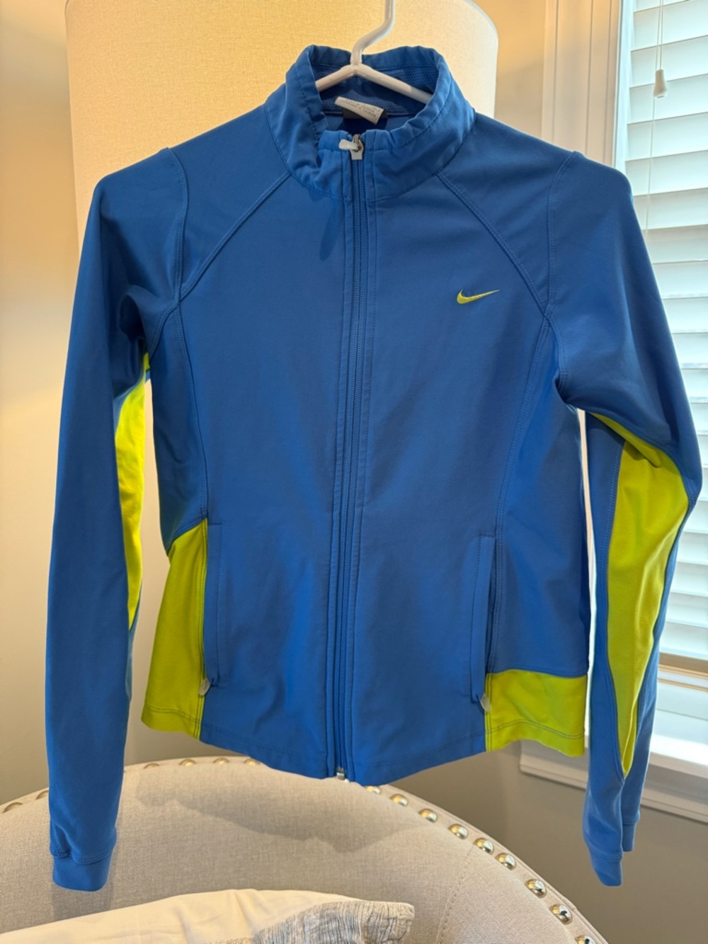 VINTAGE Circa 1997 Dri-fit Nike Light Blue Jacket, Yellow Accents, Zip pockets
